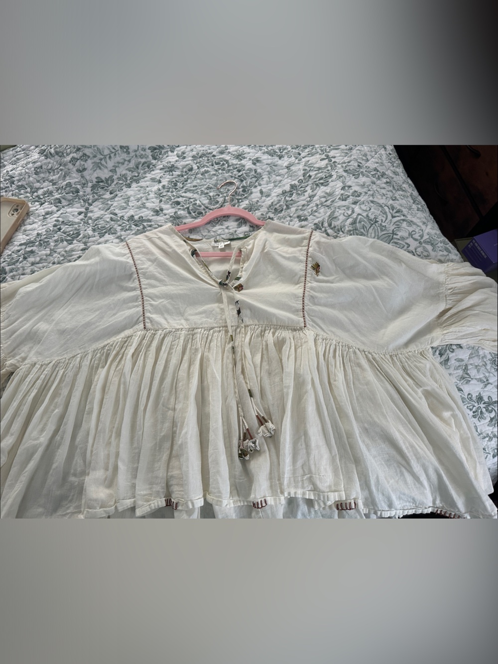 Boho Peasant Blouse in Cream with Tassel Tie